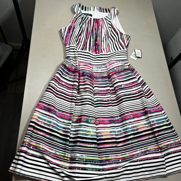 Nine West Tangerine Tango Combo Stripe Slvless High Neck Pleated Fit Size 8 Y2K - Picture 3 of 8